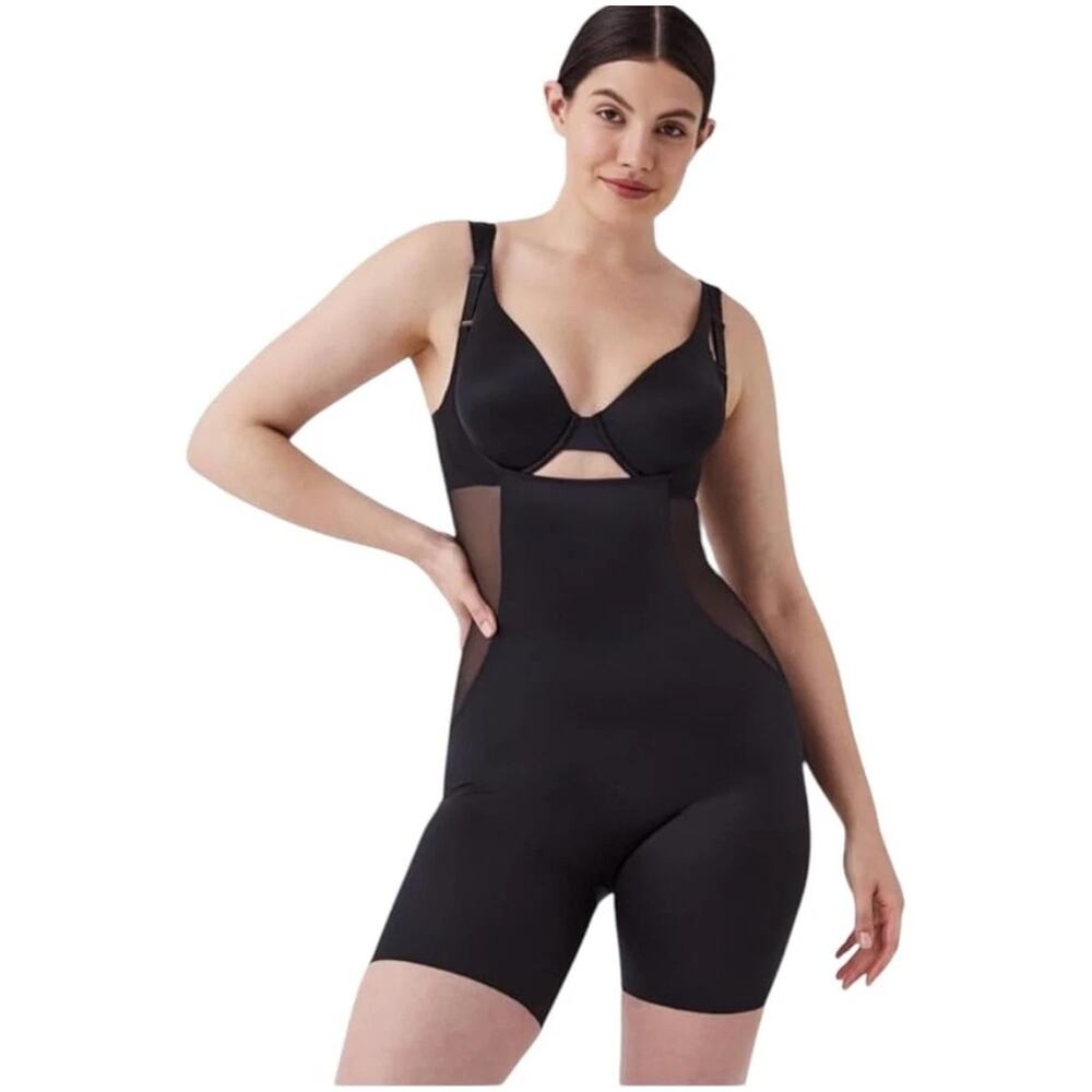 NWT Spanx Black Satin and Mesh Open Bust Mid-Thigh Bodysuit, Size XL